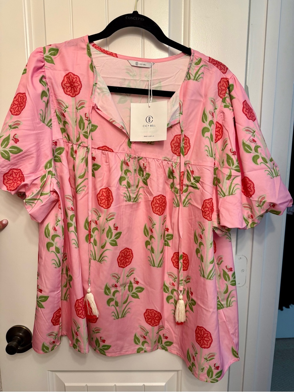 Cicy Bella Pink Floral Tie-Front Peasant Blouse